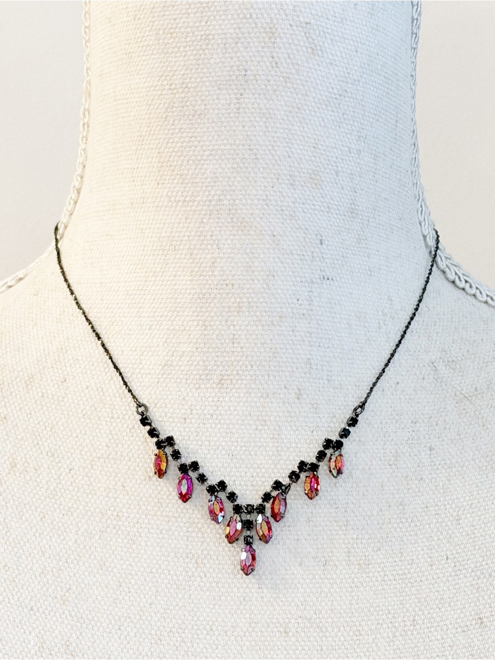 Vintage AVON Black Gunmetal Red Aurora Borealis Rhinestone Necklace Statement